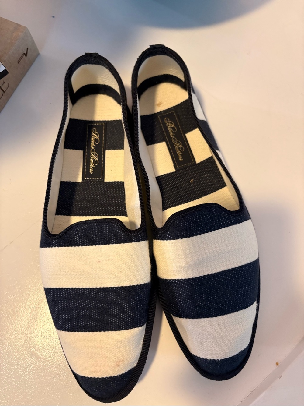 Brooks Brothers Navy and White Striped Canvas Slip-On Loafers